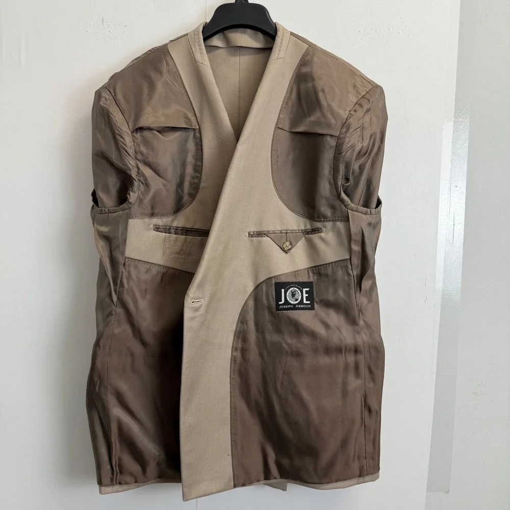 JOE Joseph Abboud Mens 46R Tan Khaki Double Breasted Peak Lapel Blazer Jacket